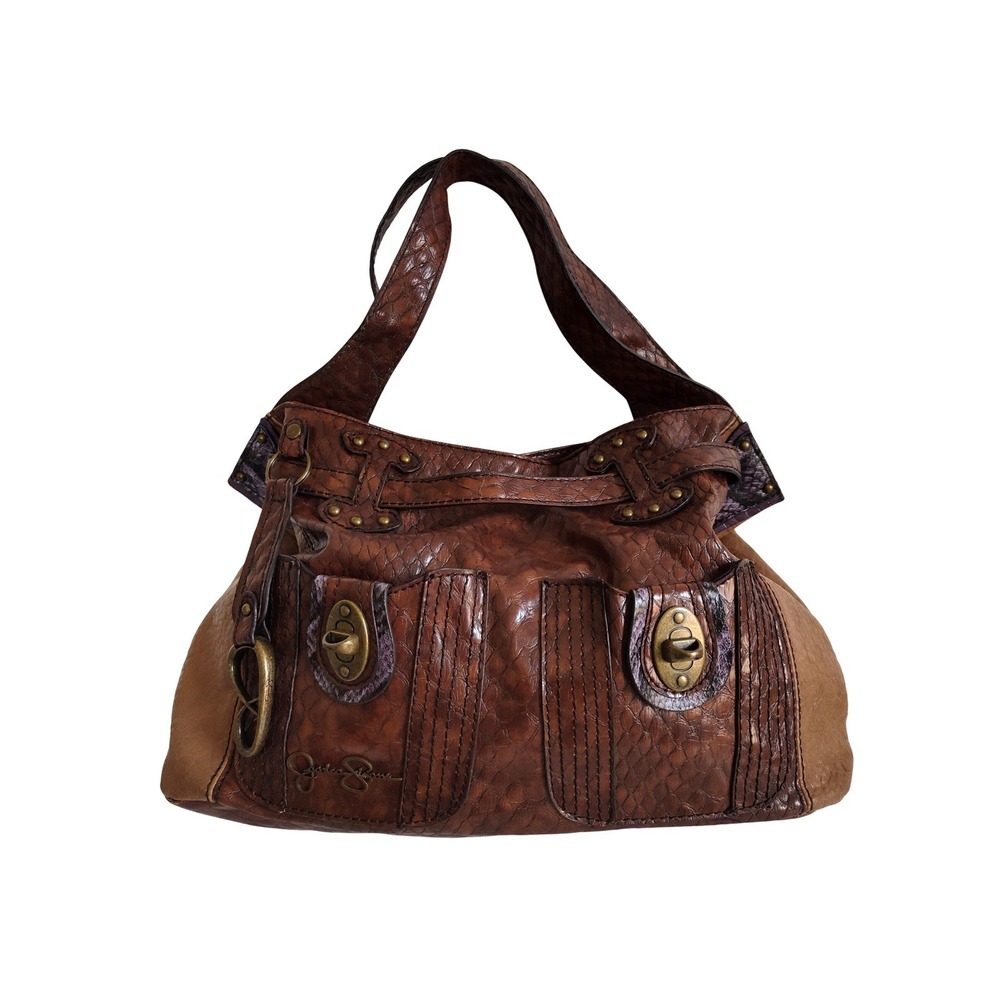 Jessica Simpson Shoulder Bag Y2K Hobo Slouchy Brown Vegan Snakeskin Studded Boho